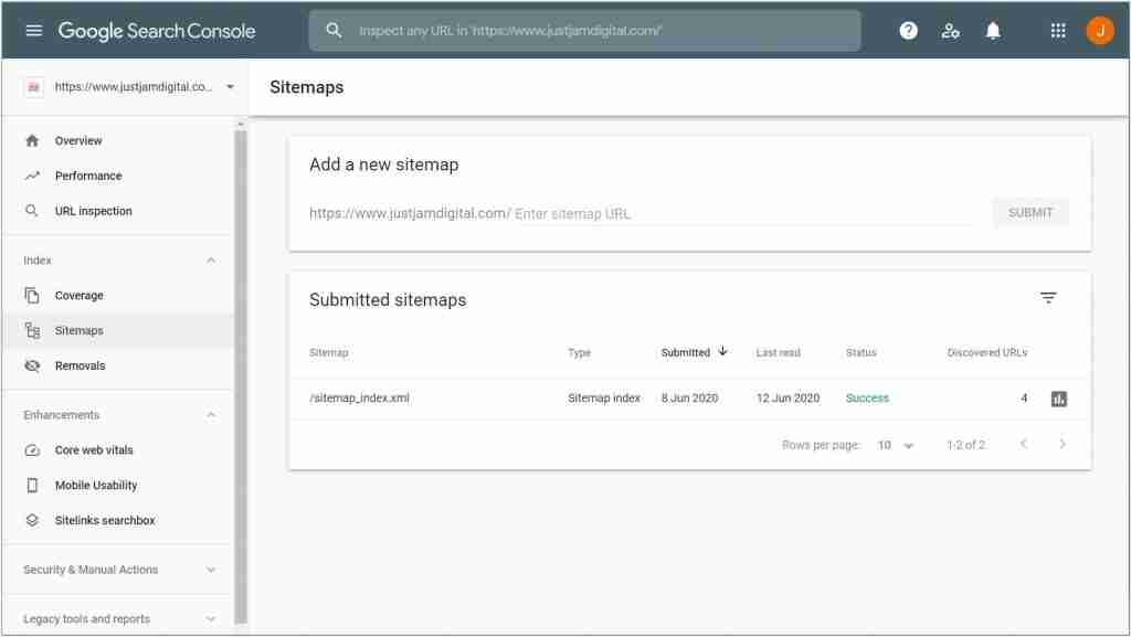 A sitemap submitted in Google Search Console