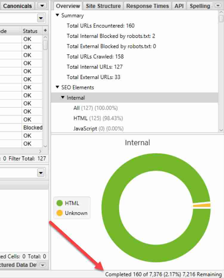 Screaming Frog URL crawl progress shown in the tool interface